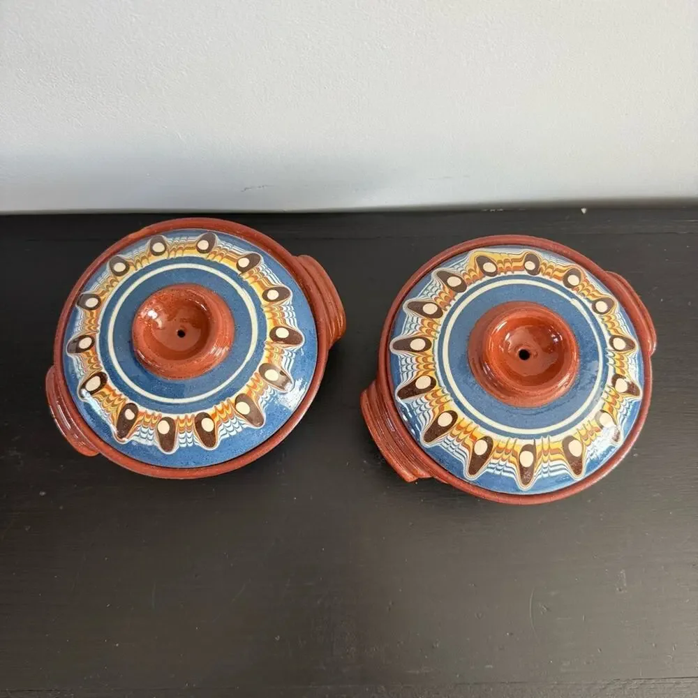 Vintage Bulgarian Redware Clay Pot Lid Traditional Folk Art Pottery Hand Painted